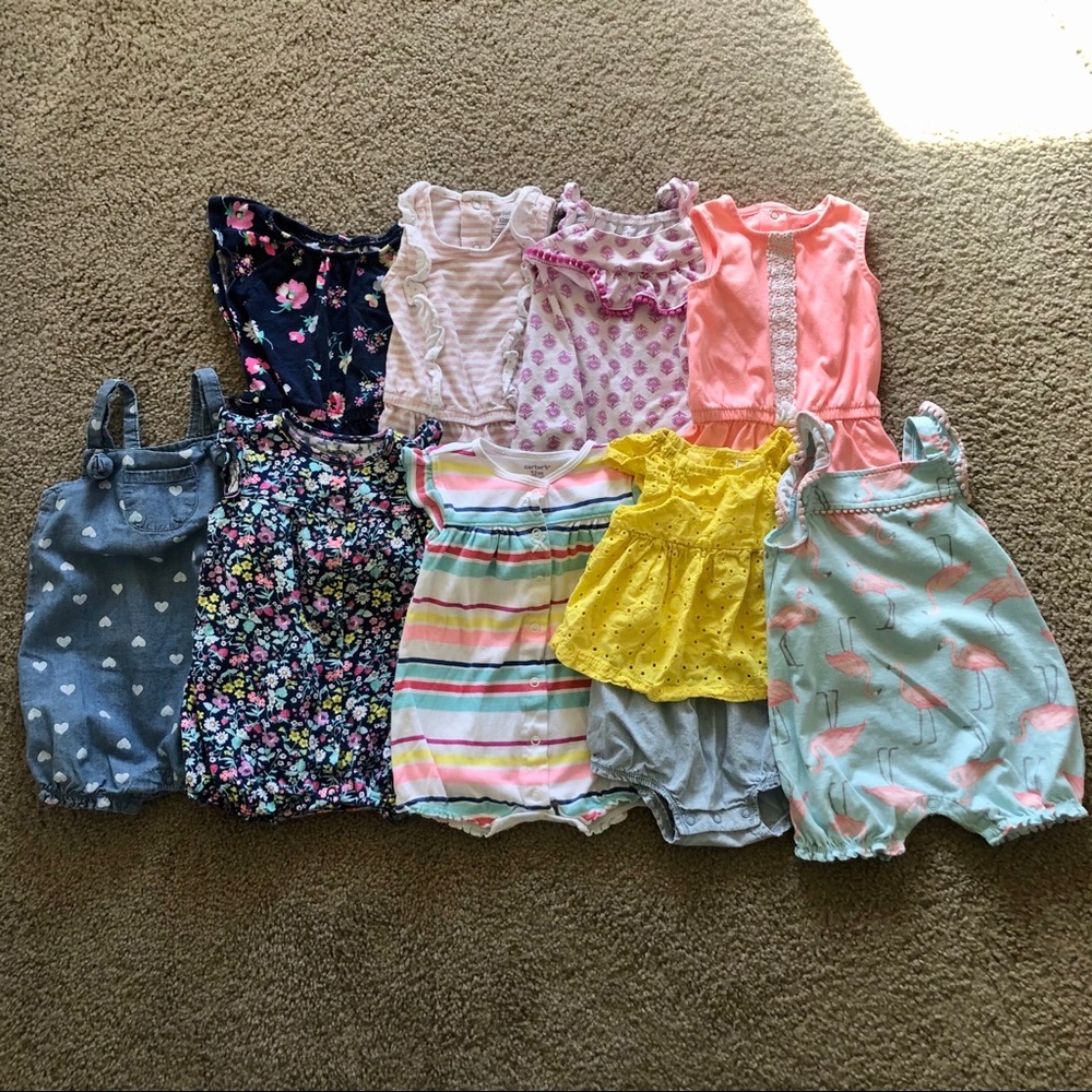 Lot of 9 Toddler Girl Rompers - Carter’s, 12mo
